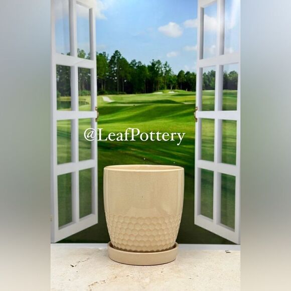 Honeycomb Beige Ceramic Planter Pot with Saucer Attached - Picture 2 of 9